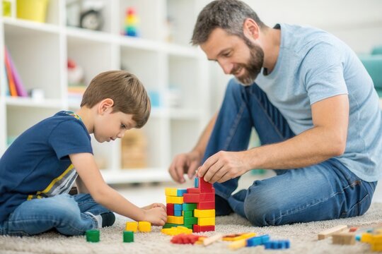 A father and son are engaging in a fun activity together, building structures with colorful blocks on a soft rug. Their smiles show the joy of bonding through play at home during a weekend afternoon.