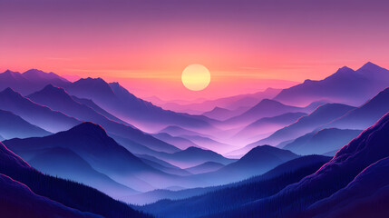 Obraz premium A mesmerizing illustration of a serene mountain landscape at dusk, with soft gradients of blue and purple, creating a tranquil atmosphere perfect for a calming wallpaper.