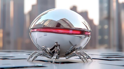 Futuristic Chrome Robot With Red Light In Urban Environment, Displaying Innovative Technology And Modern Design Influences In A Surreal Setting