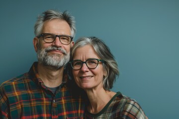 Portrait of a satisfied caucasian couple in their 40s wearing a comfy flannel shirt on pastel teal background