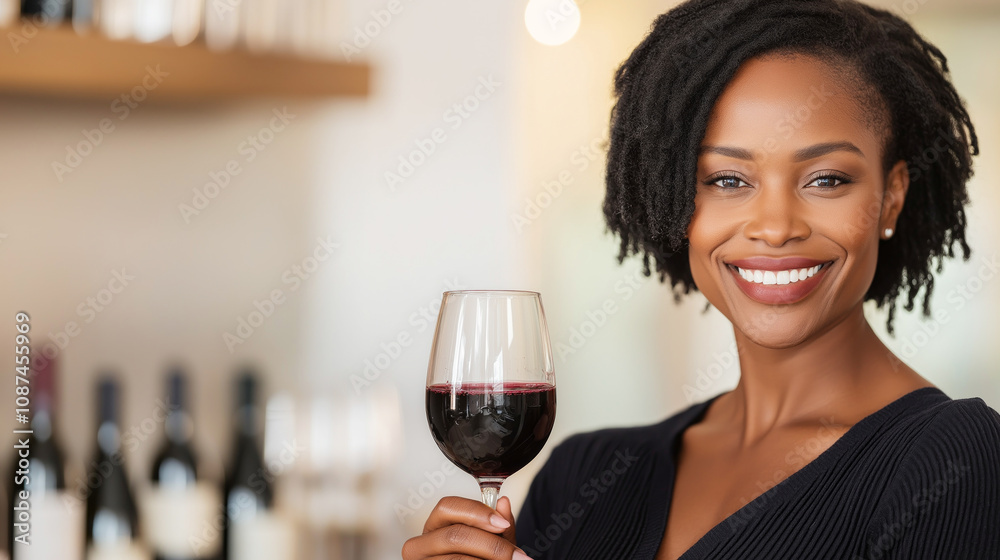 Wall mural Attractive female sommelier smiling and enjoying a glass of red wine in a wine shop or cellar