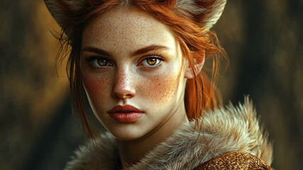 Redhead model playfully showcasing fox ears while posing confidently for the camera