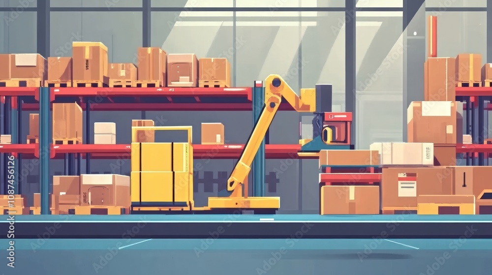 Poster Automated Warehouse Robotic Loader Moving Cardboard Boxes