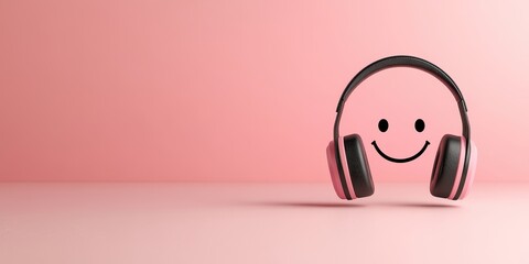 Happy Pink Headphones on Pink Background, Music, Audio, Podcast Concept