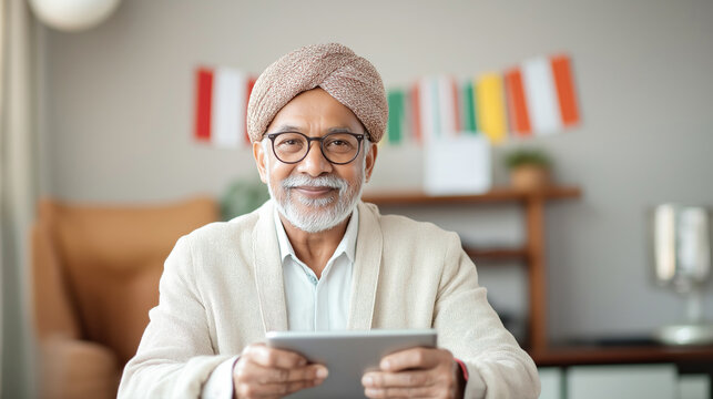 Portrait of smiling senior indian teacher wearing turban and holding tablet while teaching students online from home