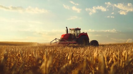 Obraz premium Robotic machines are harvesting crops on a farm during sunset, highlighting advancements in agricultural efficiency and innovation. Generative AI