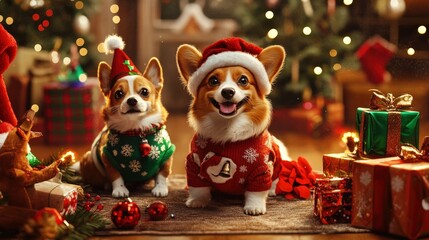 Naklejka premium Two Dogs Dressed in Christmas Sweaters by a Christmas Tree