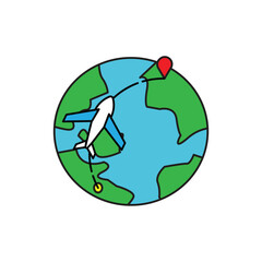 A minimalist vector graphic of an airplane circling a globe. The design is clean and modern, perfect for travel-themed projects.
