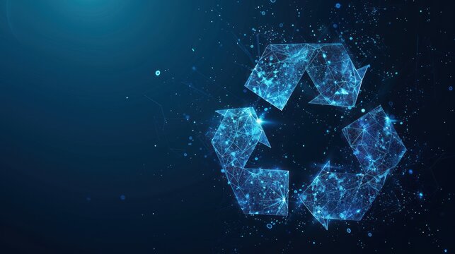 A stylized digital illustration of a recycling symbol made of glowing lines and dots on a blue background.