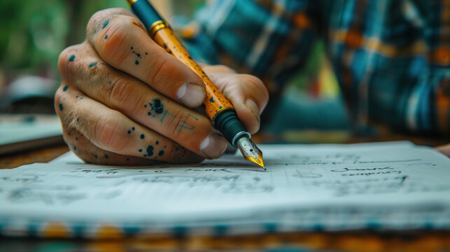 Male hand writing with fountain pen on notebook, ink-splattered fingers