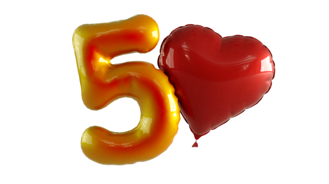 Numbers five Balloon with red heart Isolated on white background