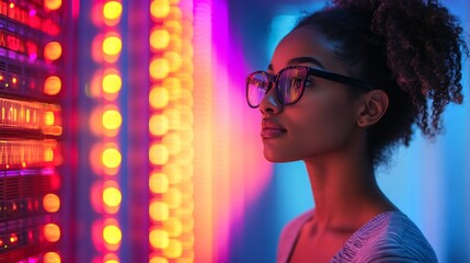 A woman analyzes server performance in a data center while running diagnostics