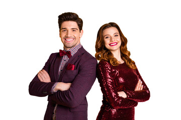 Portrait of his he her she nice attractive elegant charming smart serious content people standing back to back folded arms isolated over bright vivid shine yellow background