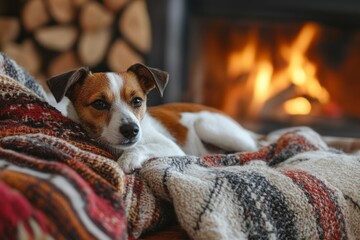 Fototapeta na wymiar Jack russell dog resting on sofa by the fireplace in a cozy home interior