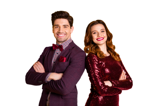 Portrait of his he her she nice attractive elegant charming smart serious content people standing back to back folded arms isolated over bright vivid shine yellow background - Powered by Adobe