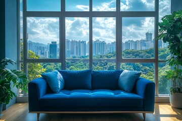 Blue sofa in modern apartment with large windows showing a stunning city view with green trees