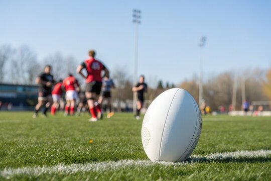A rugby match unfolds under clear blue skies, showcasing players in red and black uniforms engaging in a competitive game. A white rugby ball rests prominently on the grass, highlighting the intensity - Powered by Adobe