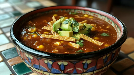 A vibrant bowl of hearty soup filled with corn, avocado, and crunchy strips, perfect for a comforting meal.