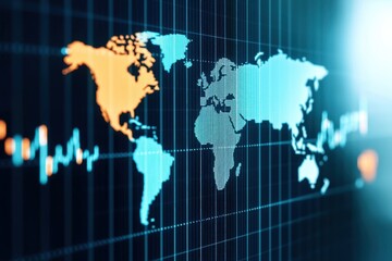 Obraz premium USA world economy Digital world map with graphs and data visualizations.