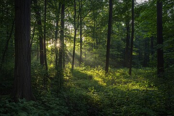 Fototapeta premium Serene Sunlight Filtering Through a Lush Forest
