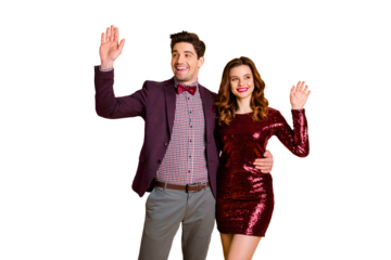 Portrait of his he her she nice-looking attractive elegant smart cheerful friendly people spending holiday waving greetings isolated over bright vivid shine yellow background