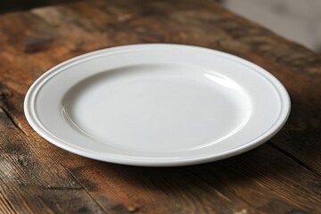Empty vintage plate with a floral design sits on a rustic wooden table, creating a simple yet elegant tabletop setting