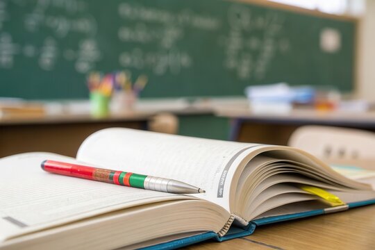 A classroom desk features an open textbook with a red pen resting on its pages during a lesson.