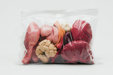 A plastic bag contains a variety of organs, including a brain, a heart, and a kidney