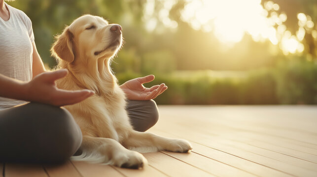 Woman and her golden retriever dog practicing yoga in a serene outdoor setting at sunset, embracing mindfulness and bonding