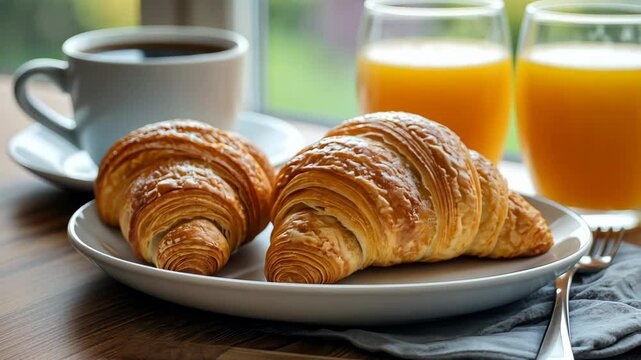 Continental breakfast with fresh croissants, orange juice and coffee, selective focuse. Video