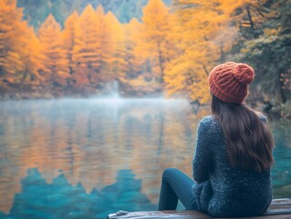 Fototapeta premium Young female tourist relaxing and enjoying at beautiful autumn scenery landscape at mirror lake in jiuzhaigou national park