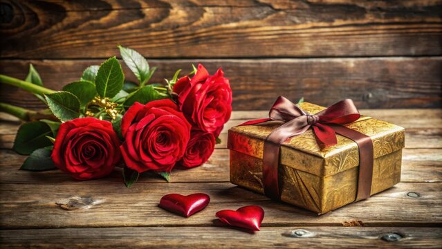 A bouquet of crimson roses rests beside a golden gift box adorned with a maroon bow, symbolizing a heartfelt gesture of love and affection, all set against a rustic wooden backdrop.