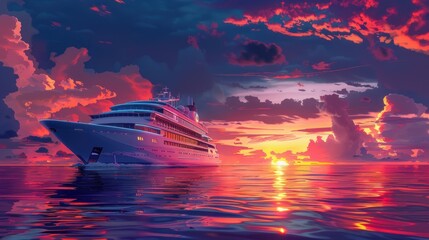 A large cruise ship sailing on the ocean at sunset, with dramatic clouds and a red sky.
