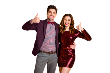 Portrait of his he her she nice-looking attractive elegant cheerful positive glad people embracing showing thumbsup isolated over bright vivid shine yellow background