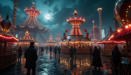 Chilling carnival background with colorful rides and eerie funhouse mirrors reflecting ghostly figures