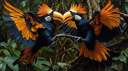 Obraz premium Stunning hornbills engaging in a dynamic forest interaction