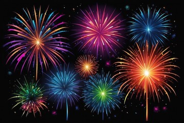 Fototapeta premium Colorful fireworks on night sky background. Celebration and holidays concept. Independence Day 4th of July, New Year, festival. Bright explosions of lights in sky. Place for your text.