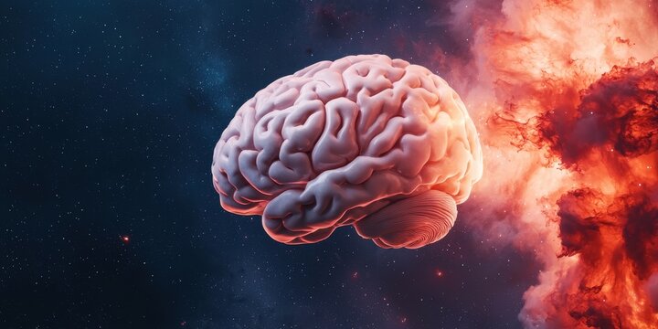A surreal depiction of a brain floating in space, surrounded by vibrant colors and explosive imagery, symbolizing creativity and intelligence.