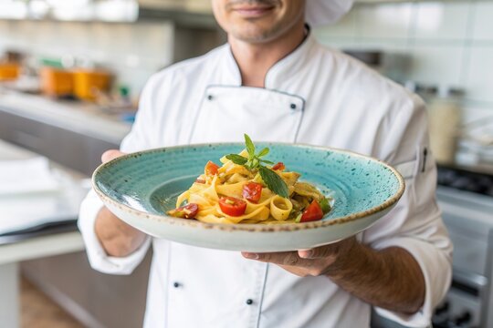 A chef showcases a beautifully plated pasta dish with fresh ingredients in a contemporary kitchen.