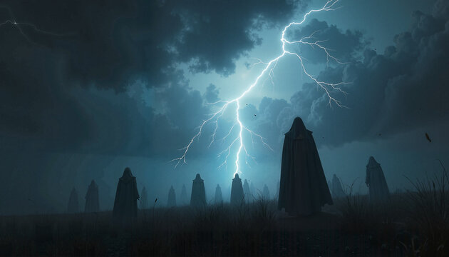 Sinister omen background with stormy skies and dark lightning, silhouettes of ominous figures in the distance
