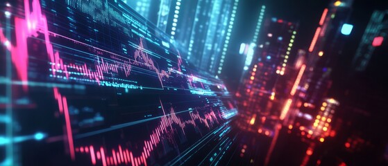 Obraz premium A vibrant, digital scene showcasing data visualization with neon lines and city lights, representing technology and analytics.