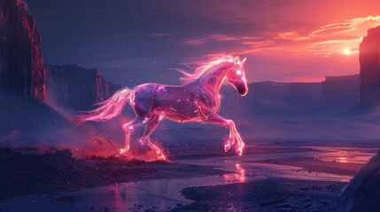 Obraz premium Glowing pink horse runs across a fiery landscape at sunset.