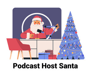Santa podcasting Christmas theme microphone gifts tree studio setup festive colors