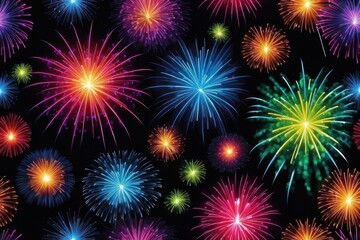 Naklejka premium Colorful fireworks on night sky background. Celebration and holidays concept. Independence Day 4th of July, New Year, festival. Bright explosions of lights in sky. Place for your text.