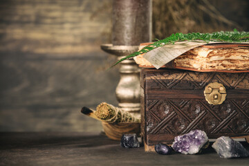 Close-Up of Vintage Chest and Weathered Journal