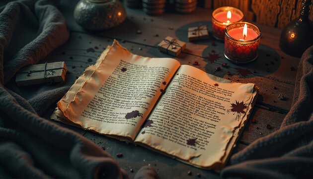 Dark prophecy background with ominous ink splotches and cryptic messages on parchment