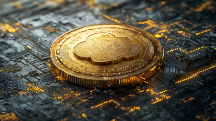 Close-up of a golden cryptocurrency coin placed on a digital circuit board, symbolizing modern finance and innovation.