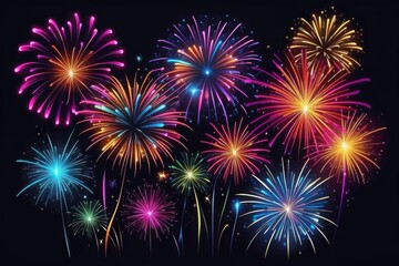 Naklejka premium Colorful fireworks on night sky background. Celebration and holidays concept. Independence Day 4th of July, New Year, festival. Bright explosions of lights in sky. Place for your text.