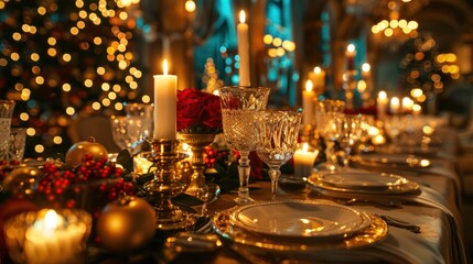A festive Christmas table setting with candles, gold accents, and a blurred Christmas tree in the background.