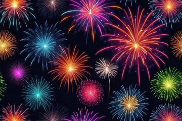 Naklejka premium Colorful fireworks on night sky background. Celebration and holidays concept. Independence Day 4th of July, New Year, festival. Bright explosions of lights in sky. Place for your text.